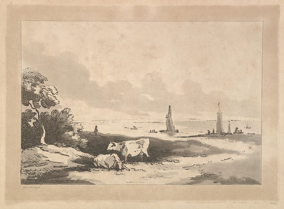 Shore scene with cattle, boats in shallow water behind, or, Cattle, River side, Thomas Rowlandson (British, London 1757–1827 London), Soft-ground etching with aquatint 