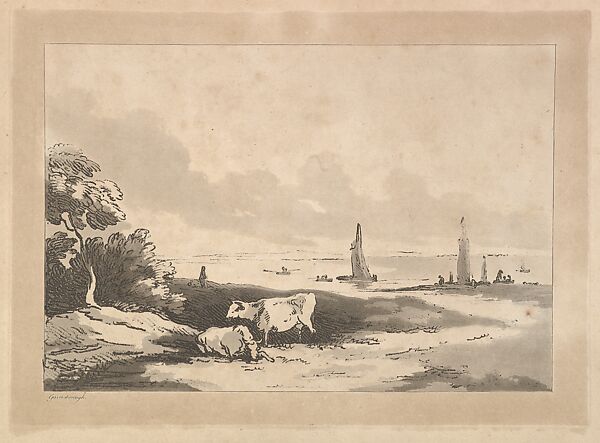 Shore scene with cattle, boats in shallow water behind, or, Cattle, River side