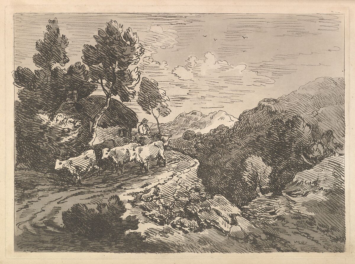 Landscape with a Figure Herding Cattle Along a Road Beside a Cottage, a Hillside at Left, a Forest in the Valley Below at Right, Thomas Rowlandson (British, London 1757–1827 London), Aquatint and soft-ground etching 