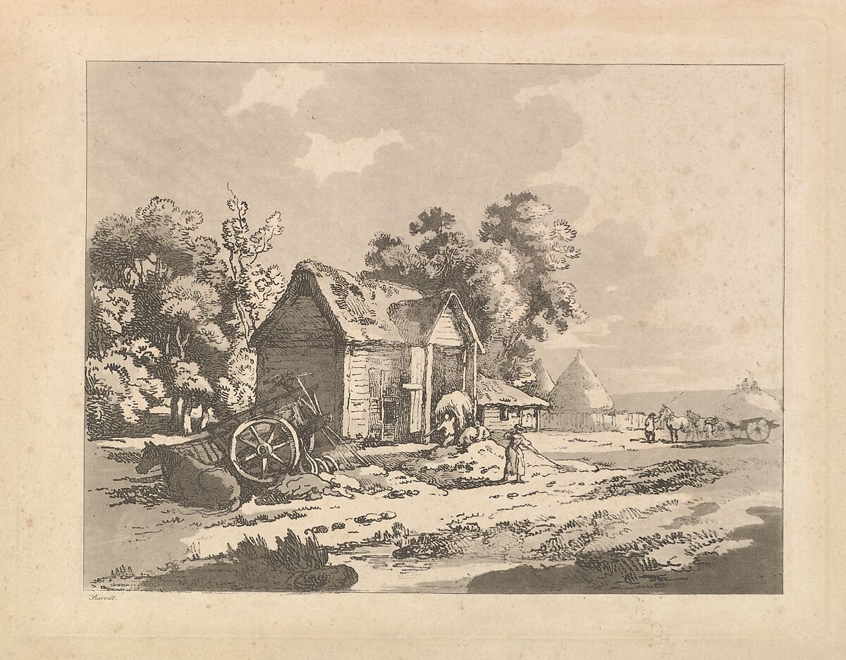 Landscape with Figures Storing Hay in a Barn, a Cart and Horse Lying Down at Left, Thomas Rowlandson (British, London 1757–1827 London), Soft-ground etching and aquatint 