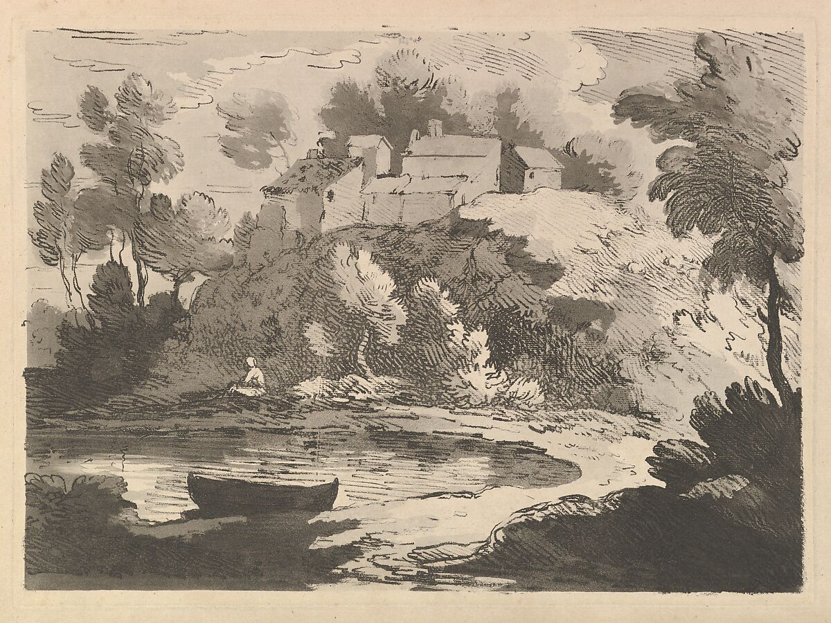 Hilly River Landscape, a Boat in the Water at Foreground Left, a Figure on the Far Shore, Houses on a Wooded Hill Beyond, Thomas Rowlandson (British, London 1757–1827 London), Soft-ground etching and aquatint 