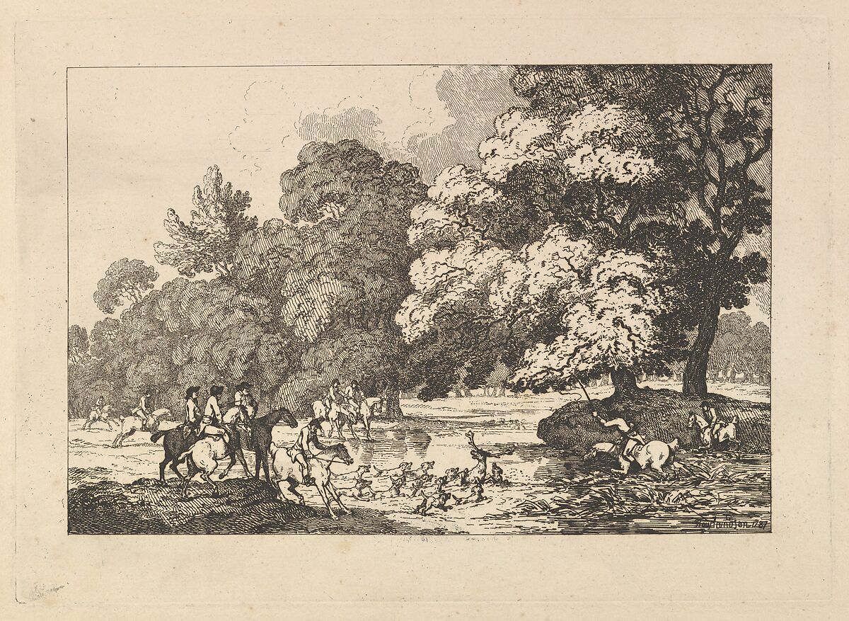 Deer Hunting – A Landscape Scene with Stag and Hounds in a River, Thomas Rowlandson (British, London 1757–1827 London), Etching 