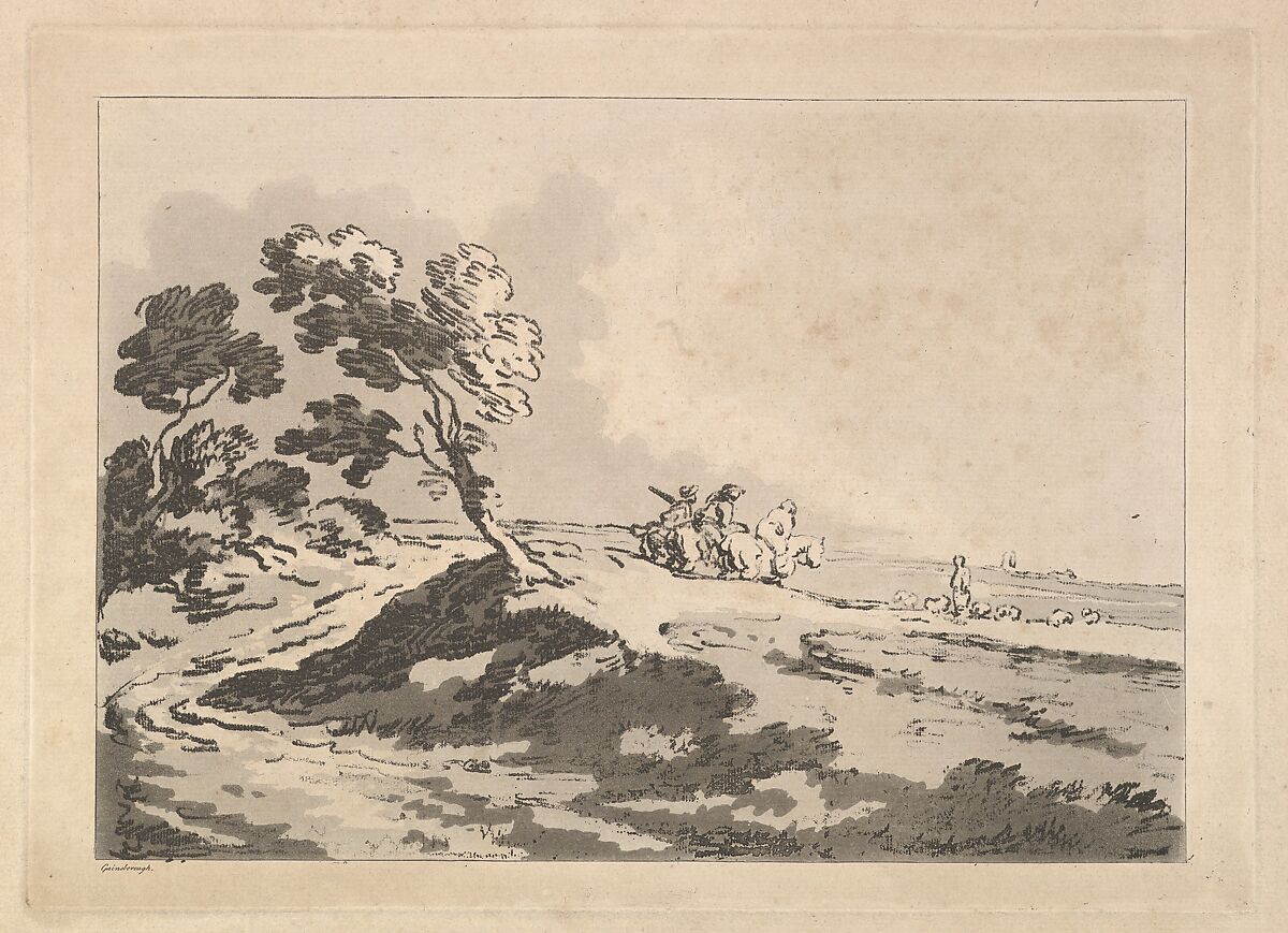 Open Landscape with Three Horsemen in the Middle Distance Heading to the Right, Windblown Trees at Left, Thomas Rowlandson (British, London 1757–1827 London), Soft-ground etching and aquatint 