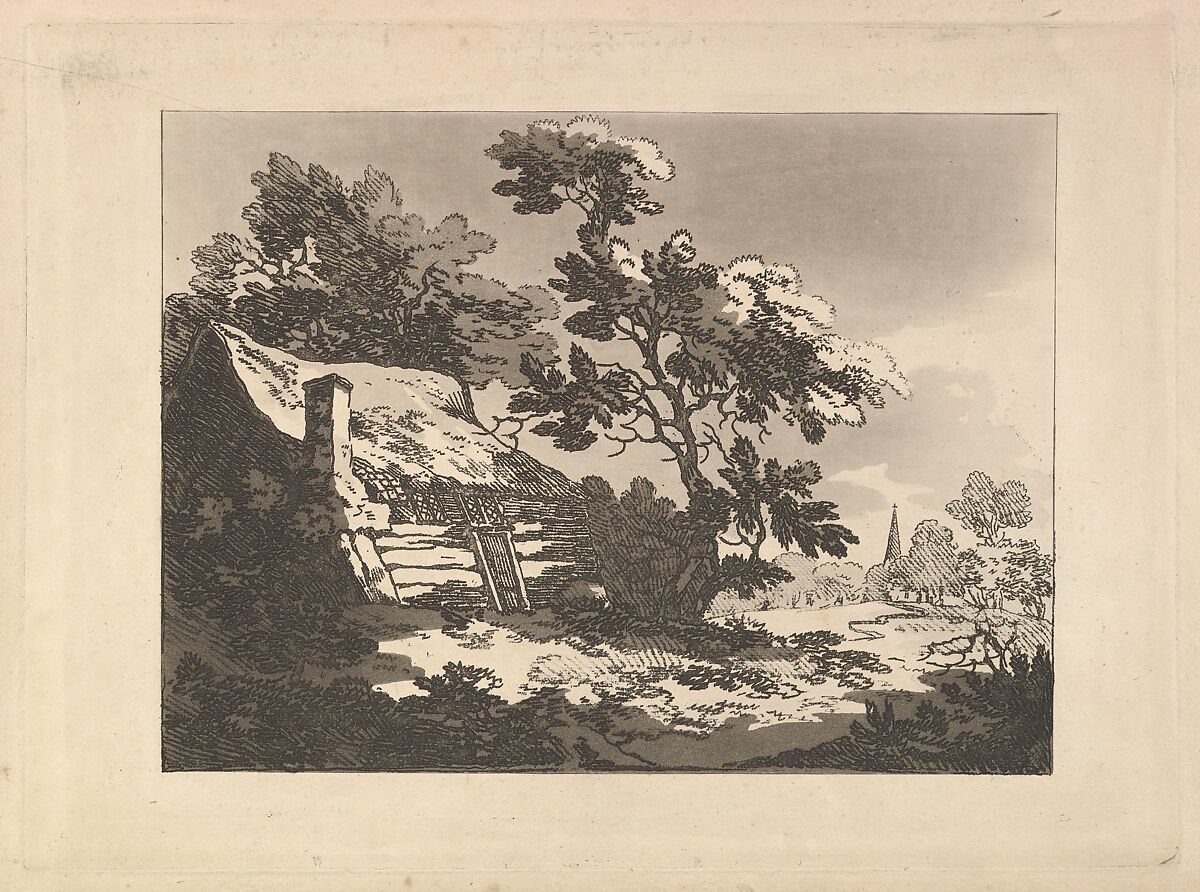 Landscape with Cottage Among Trees at Left, and a Distant Church Spire at Right, Thomas Rowlandson (British, London 1757–1827 London), Soft-ground etching and aquatint 