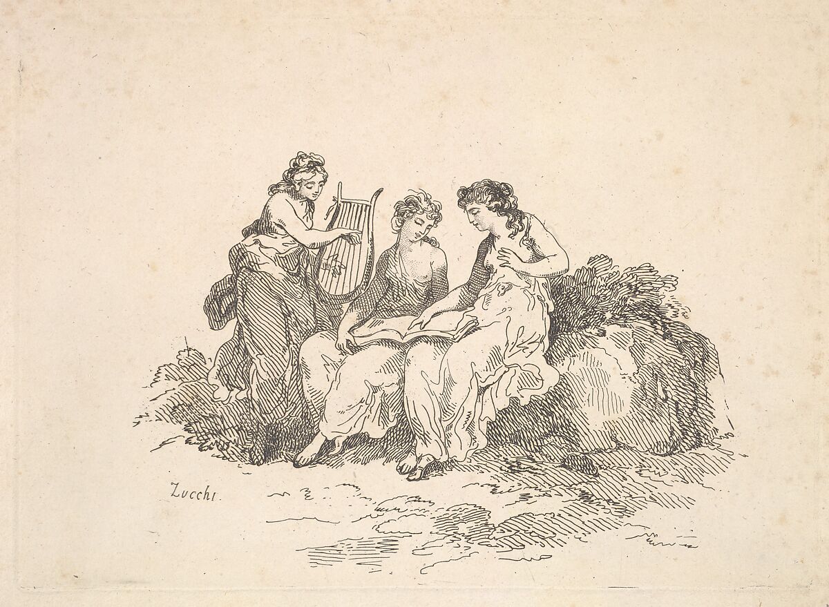 Harmony – Two Nymphs Singing, Another Playing a Lyre, Thomas Rowlandson (British, London 1757–1827 London), Etching 