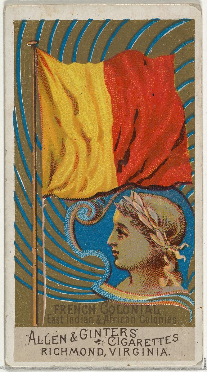 French Colonial East Indian and African Colonies, from Flags of All Nations, Series 2 (N10) for Allen & Ginter Cigarettes Brands, Issued by Allen &amp; Ginter (American, Richmond, Virginia), Commercial color lithograph 