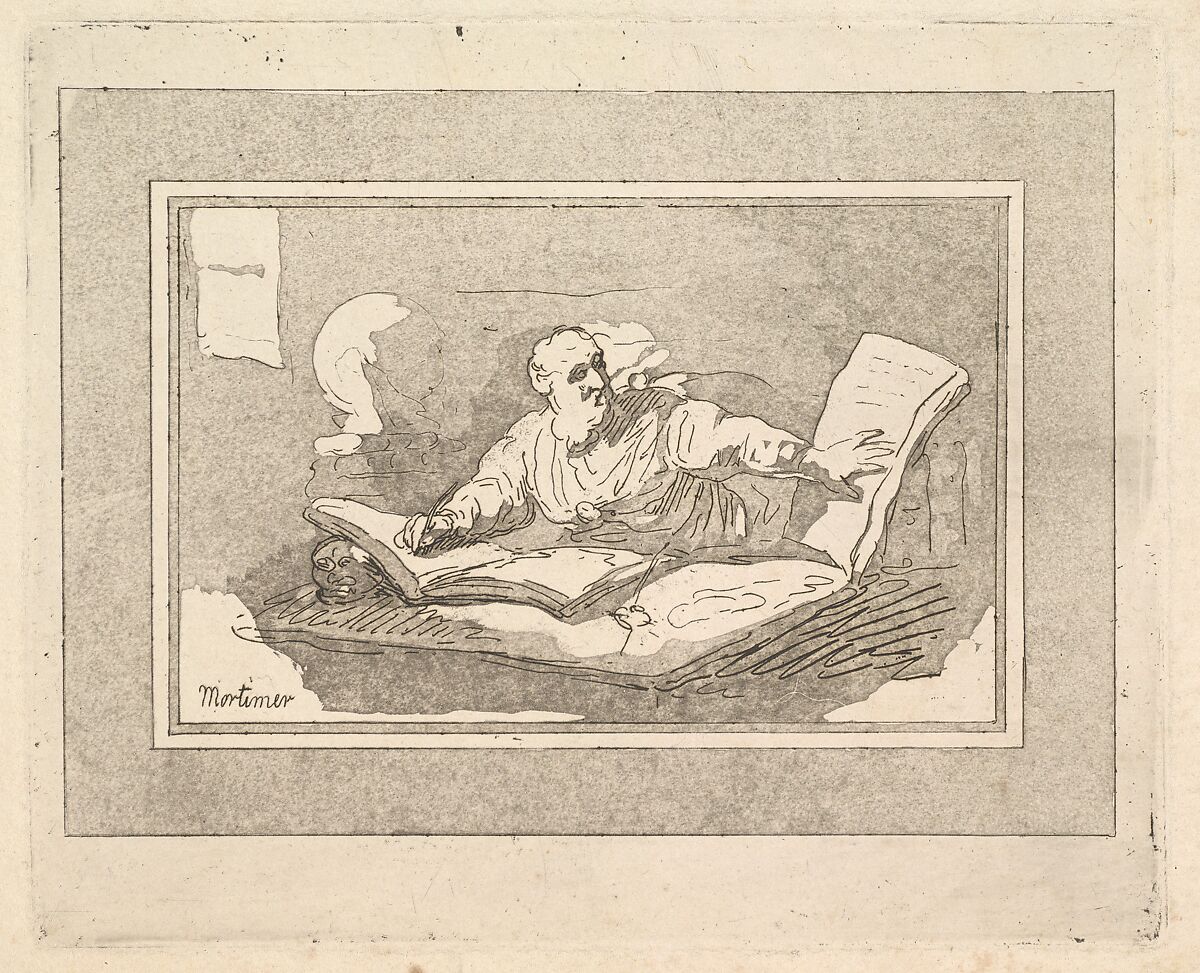The Philosopher (Bearded Old Man Copying Book), Thomas Rowlandson (British, London 1757–1827 London), Etching and aquatint 