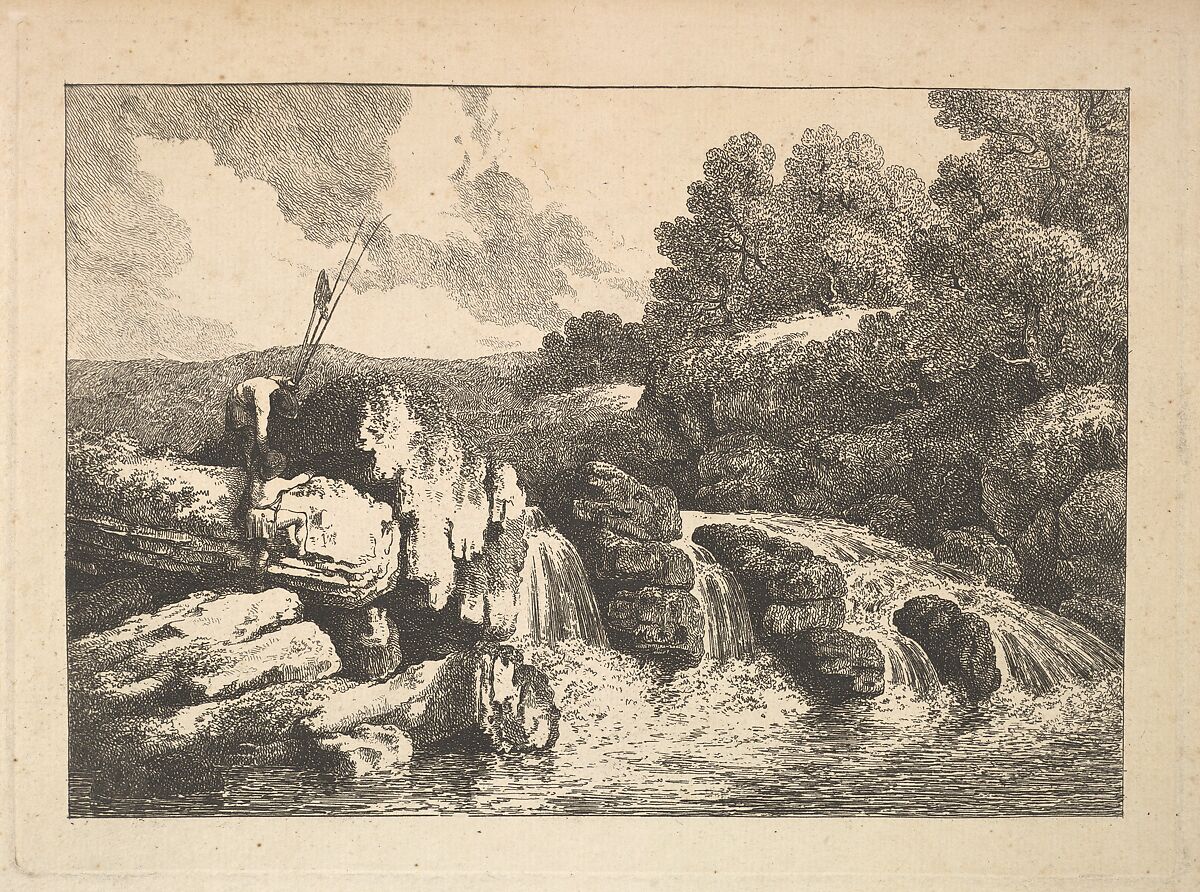Landscape with Two Fishermen Climbing Rocks Next to a Waterfall, Thomas Rowlandson (British, London 1757–1827 London), Etching 