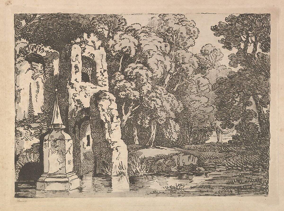 Ruins Next to a Pool in a Wooded Landscape, Thomas Rowlandson (British, London 1757–1827 London), Soft-ground etching and aquatint 