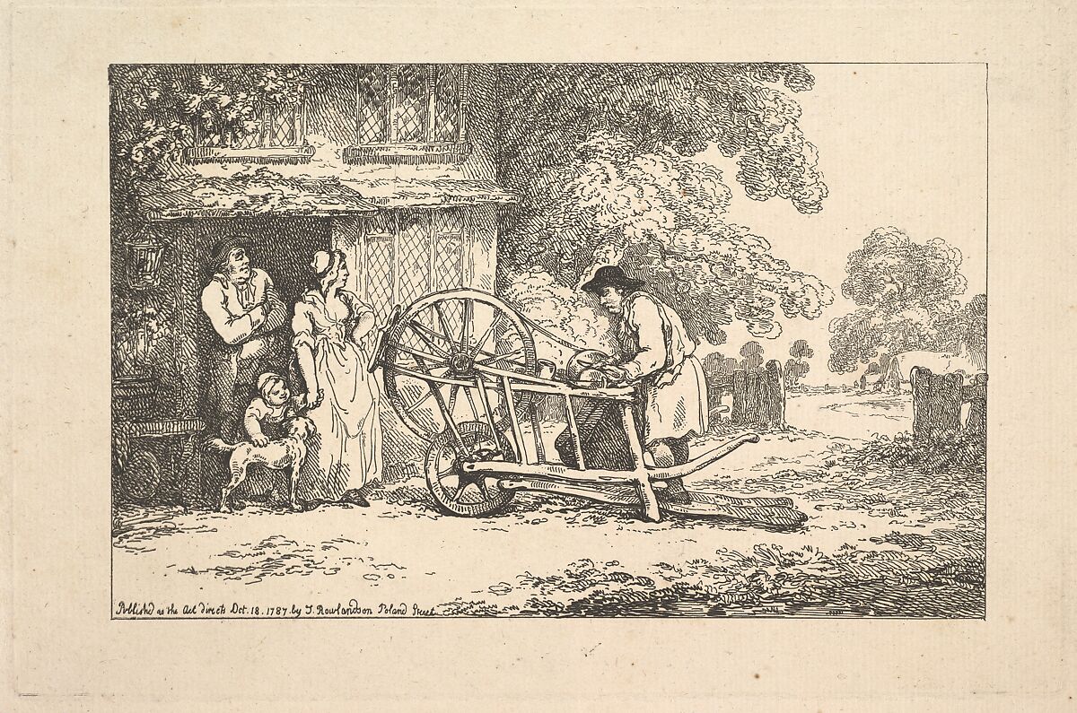 A Travelling Knife-grinder at a Cottage Door, Thomas Rowlandson (British, London 1757–1827 London), Etching 