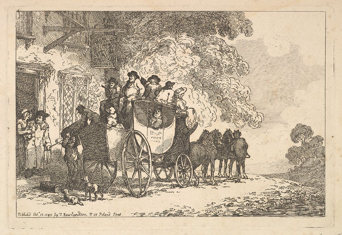 A Laden Stage Coach Outside a Post House, Thomas Rowlandson (British, London 1757–1827 London), Etching 