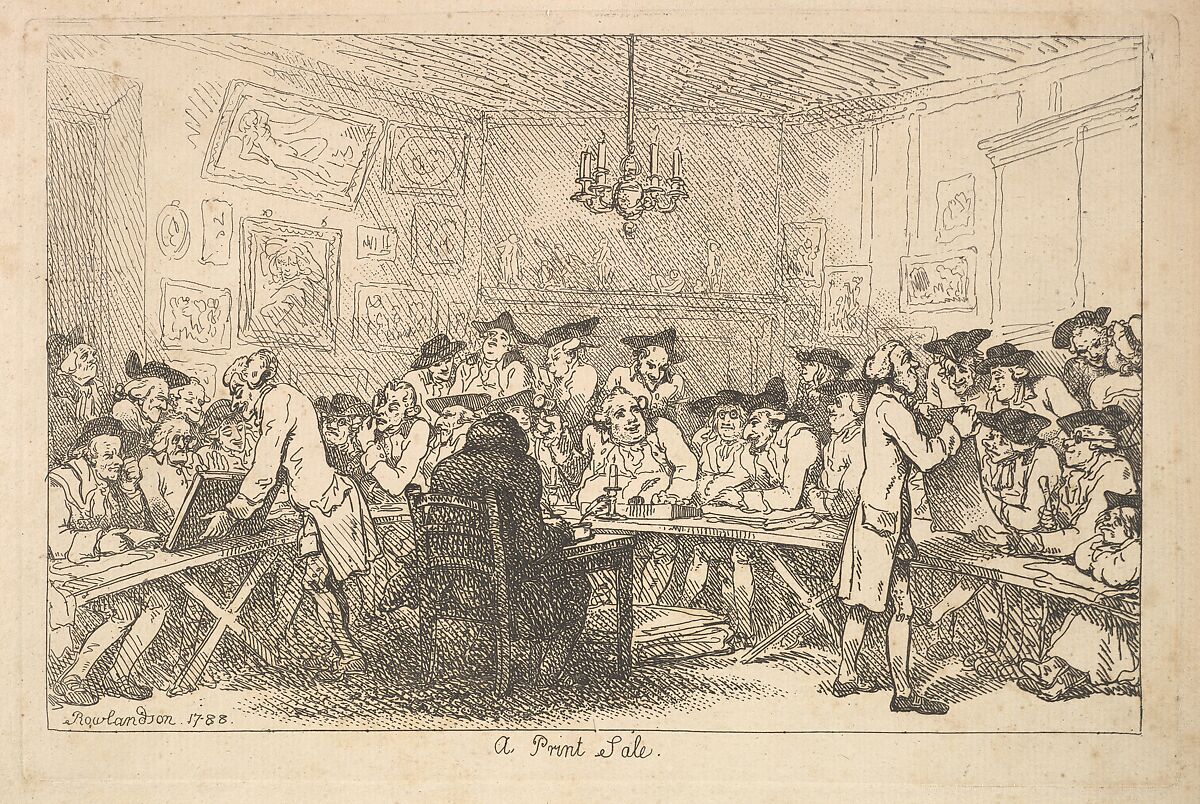 A Print Sale – A Night Auction, Thomas Rowlandson (British, London 1757–1827 London), Etching 