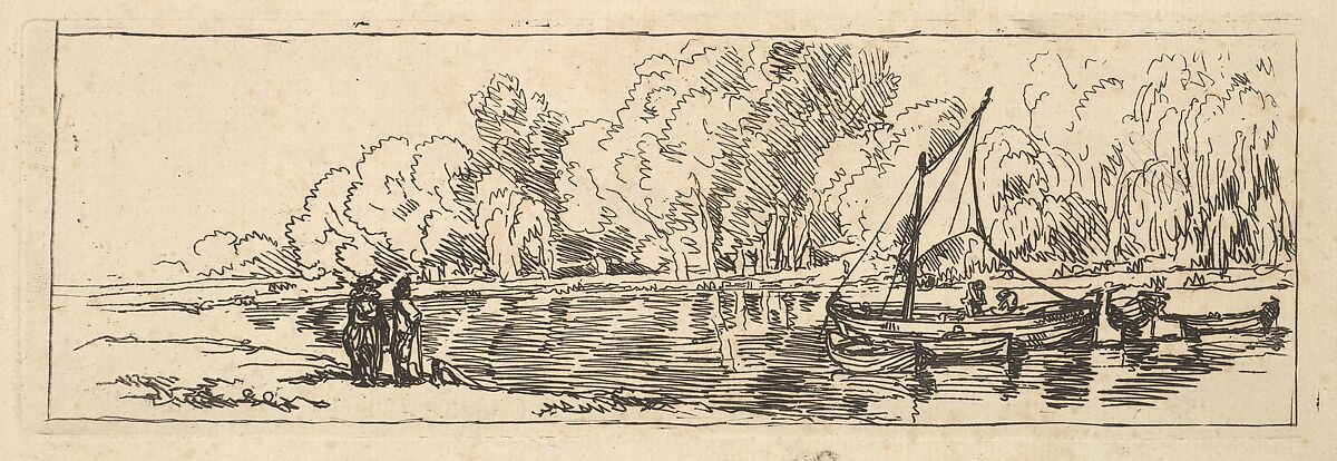 River or Pond Scene: a Sailboat and Dinghy with Figures on the Near Bank, Thomas Rowlandson (British, London 1757–1827 London), Etching 