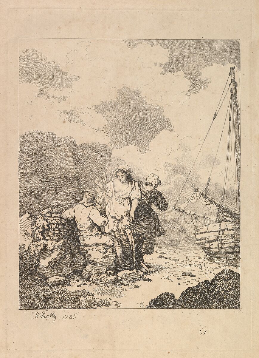 Fishermen by the Shore – Coastal Scene with a Man Sitting on Rocks and Smoking a Pipe, Next to a Standing Young Woman, with a Second Woman Behind, Thomas Rowlandson (British, London 1757–1827 London), Etching 