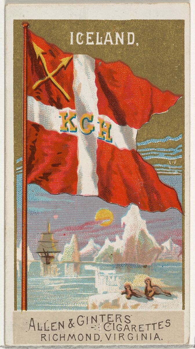 Iceland, from Flags of All Nations, Series 2 (N10) for Allen & Ginter Cigarettes Brands, Issued by Allen &amp; Ginter (American, Richmond, Virginia), Commercial color lithograph 