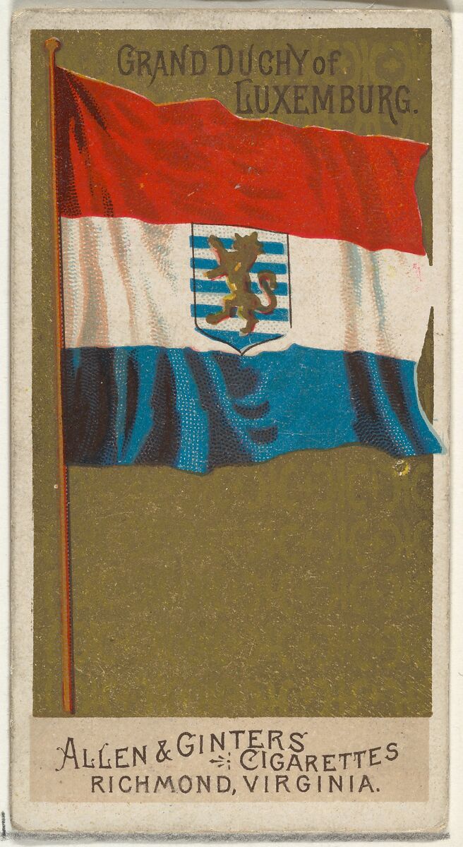Grand Duchy of Luxemburg, from Flags of All Nations, Series 2 (N10) for Allen & Ginter Cigarettes Brands, Issued by Allen &amp; Ginter (American, Richmond, Virginia), Commercial color lithograph 