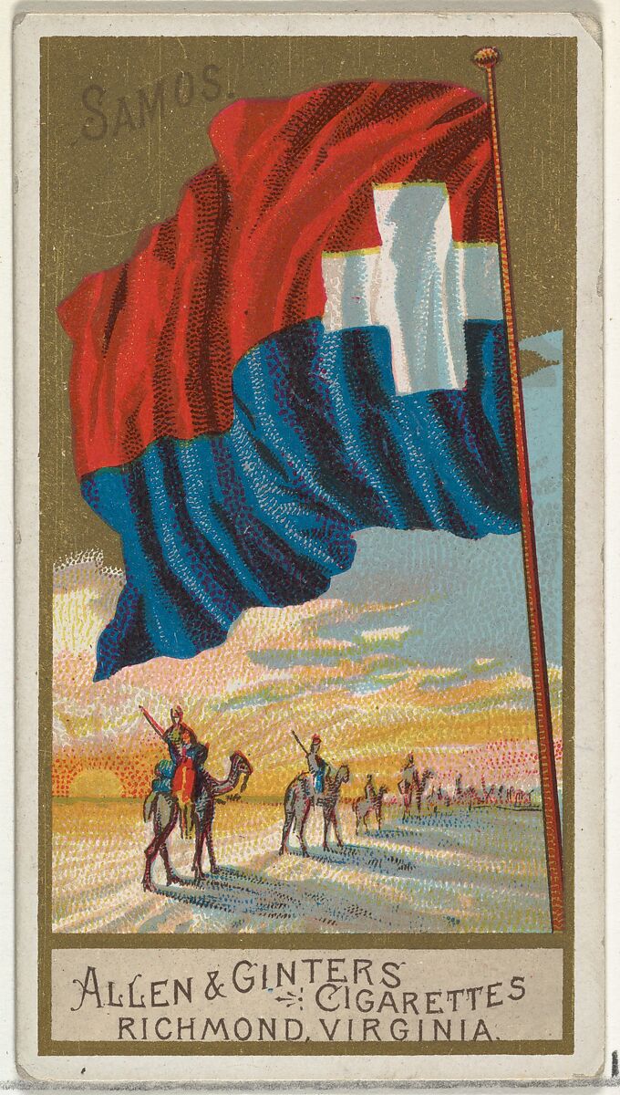 Samos, from Flags of All Nations, Series 2 (N10) for Allen & Ginter Cigarettes Brands, Issued by Allen &amp; Ginter (American, Richmond, Virginia), Commercial color lithograph 