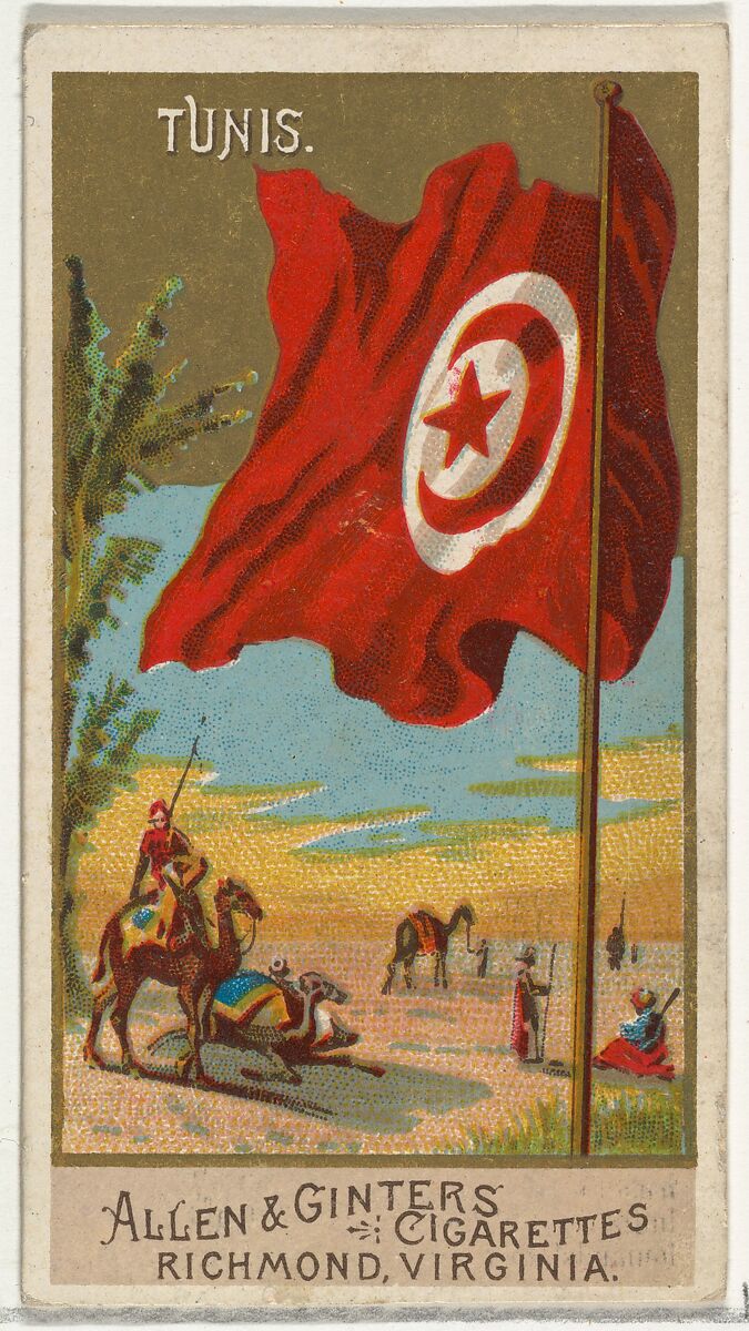 Tunis, from Flags of All Nations, Series 2 (N10) for Allen & Ginter Cigarettes Brands, Issued by Allen &amp; Ginter (American, Richmond, Virginia), Commercial color lithograph 