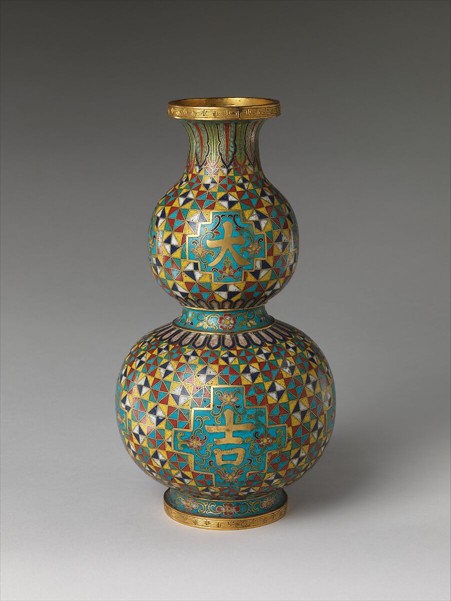 Gourd-shaped vase with characters for “grand luck” (da ji), Cloisonné enamel, China