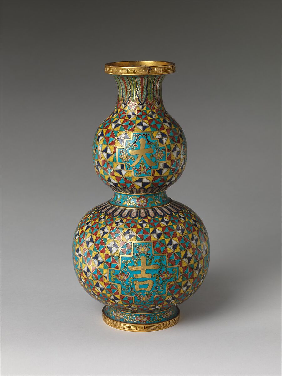 Gourd-shaped vase with characters for “grand luck” (da ji), Cloisonné enamel, China 