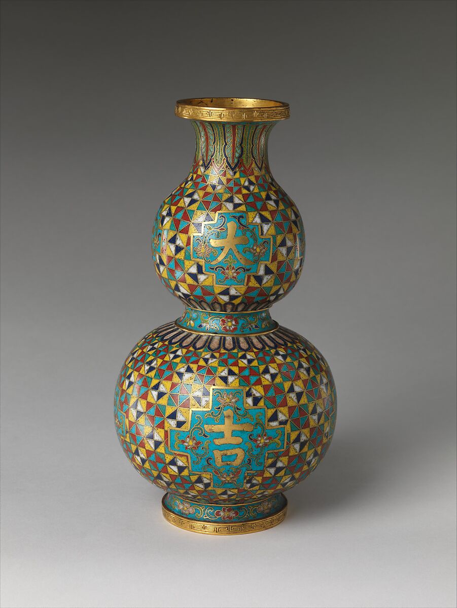 Gourd-shaped vase with characters for “grand luck” (da ji), Cloisonné enamel, China