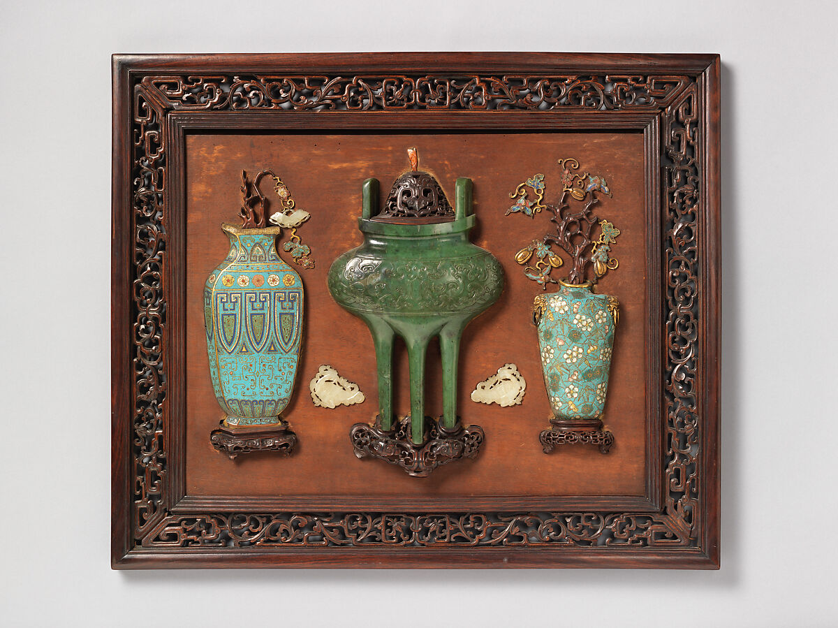 Panel with “hundred antiques”, Cloisonné enamel, jade, wood, China 