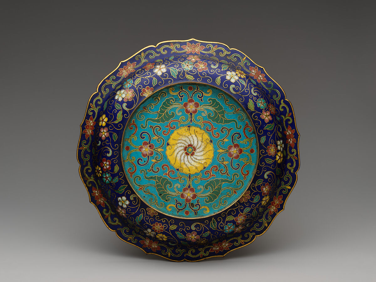 Foliated dish with bats amid clouds, Cloisonné enamel, China