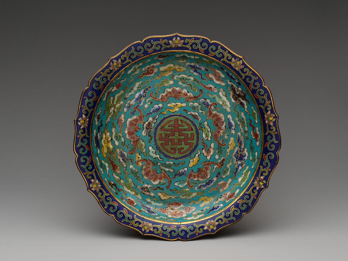 Foliated dish with bats amid clouds, Cloisonné enamel, China 