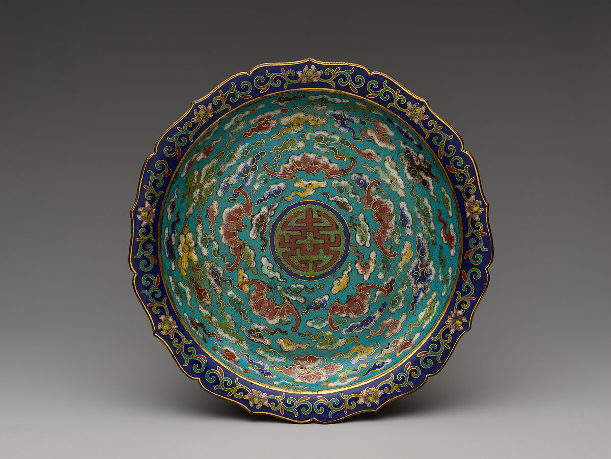 Foliated dish with bats amid clouds, Cloisonné enamel, China