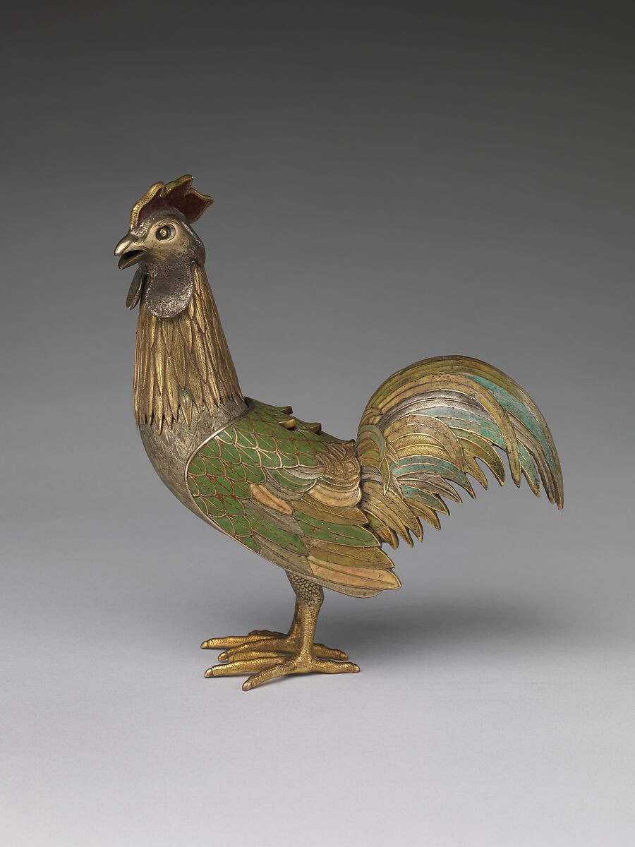 Incense Burner in the Shape of a Rooster, Copper alloy with enamels, gilding, and silvering, Japan 