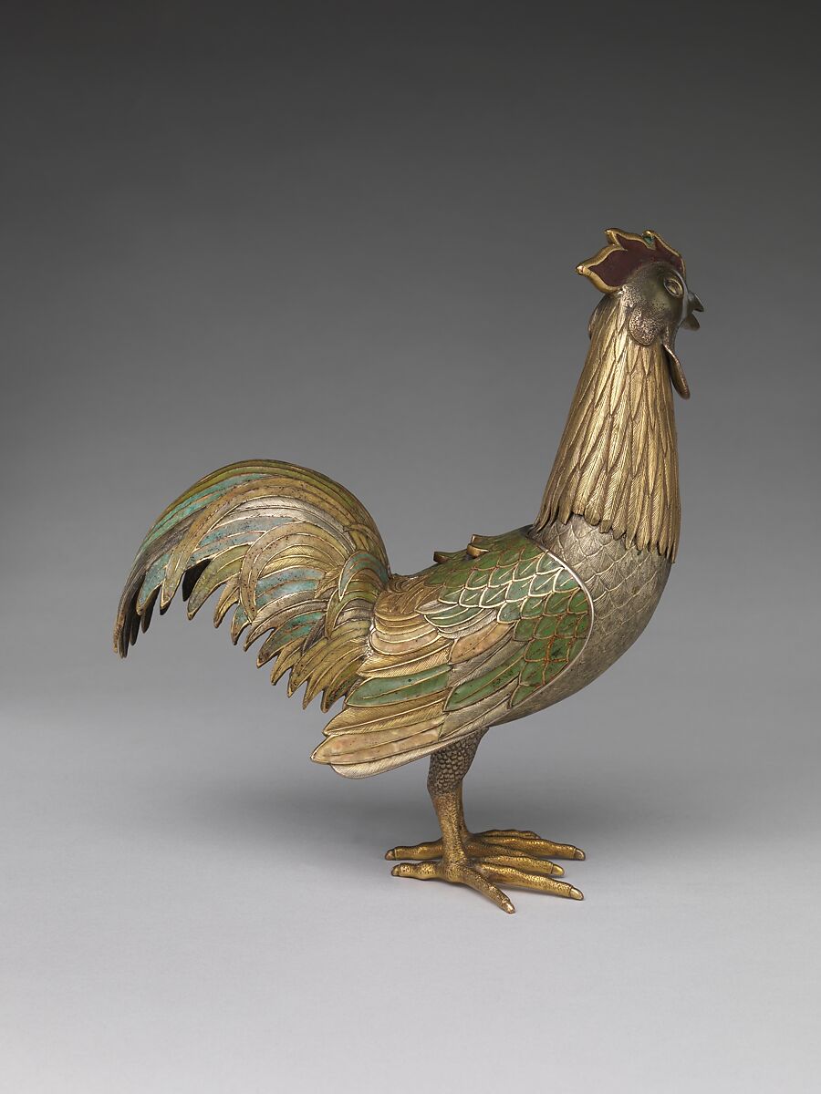 Incense Burner in the Shape of a Rooster, Copper alloy with enamels, gilding, and silvering, Japan