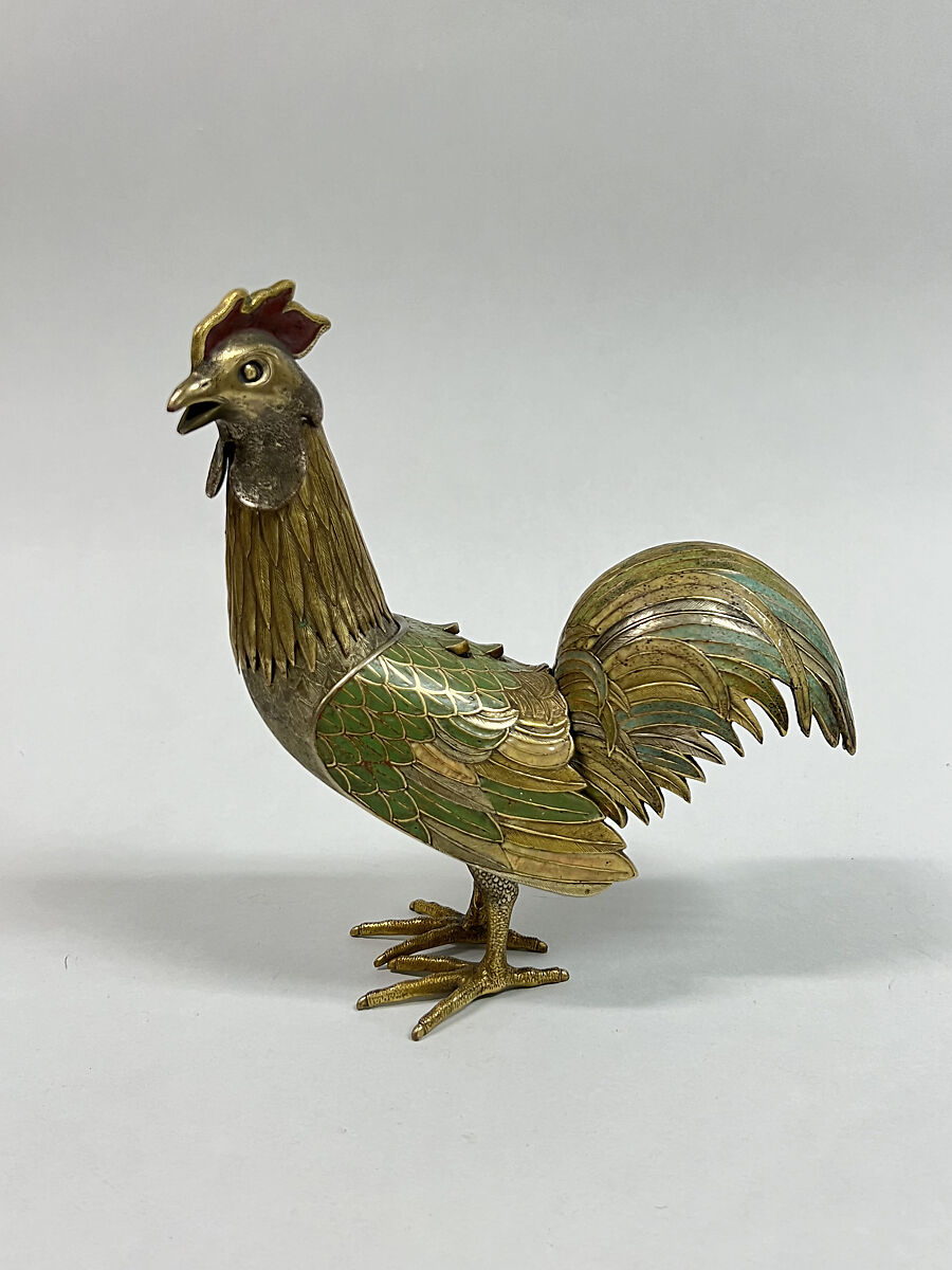 Incense Burner in the Shape of a Rooster, Copper alloy with enamels, gilding, and silvering, Japan