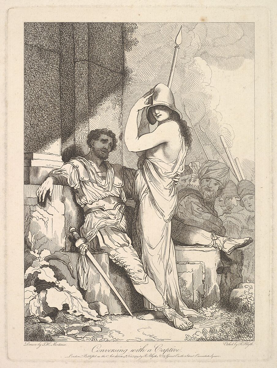 Conversing with a Captive, from "Banditti Variously Employed", Etched and published by Robert Blyth (British, ca. 1750–1784), Etching 