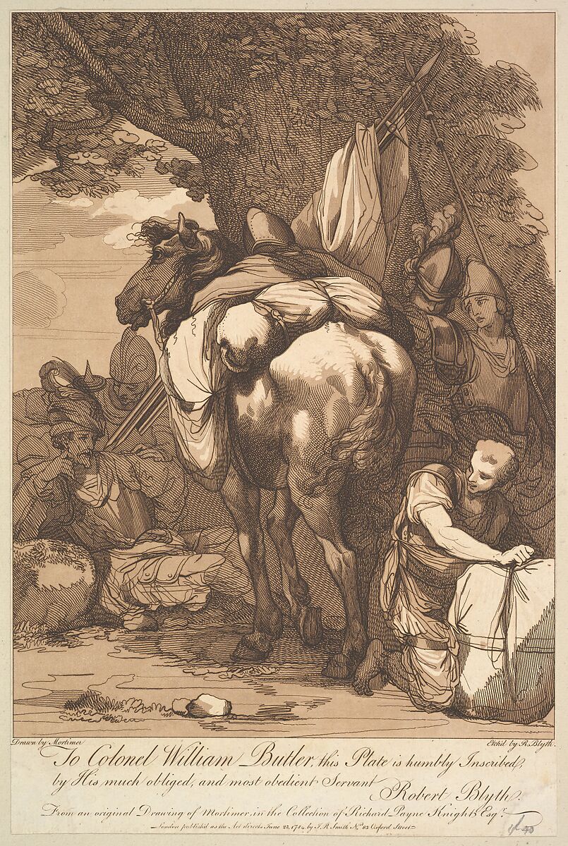 Packhorse with Soldiers, Robert Blyth (British, ca. 1750–1784), Etching and aquatint, printed with brown ink 