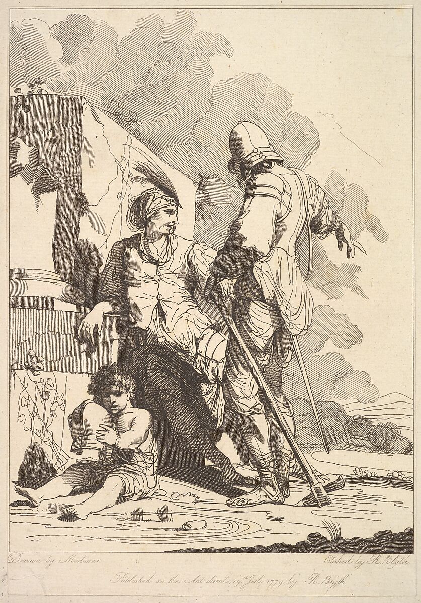 Two Soldiers and Child Holding a Helmet, Etched and published by Robert Blyth (British, ca. 1750–1784), Etching 