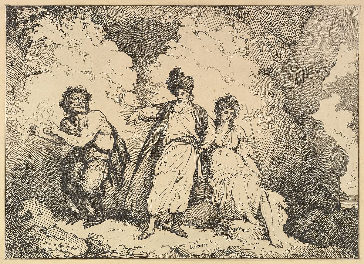 Scene from the Tempest: Caliban, Prospero and Miranda, Thomas Rowlandson (British, London 1757–1827 London), Etching 