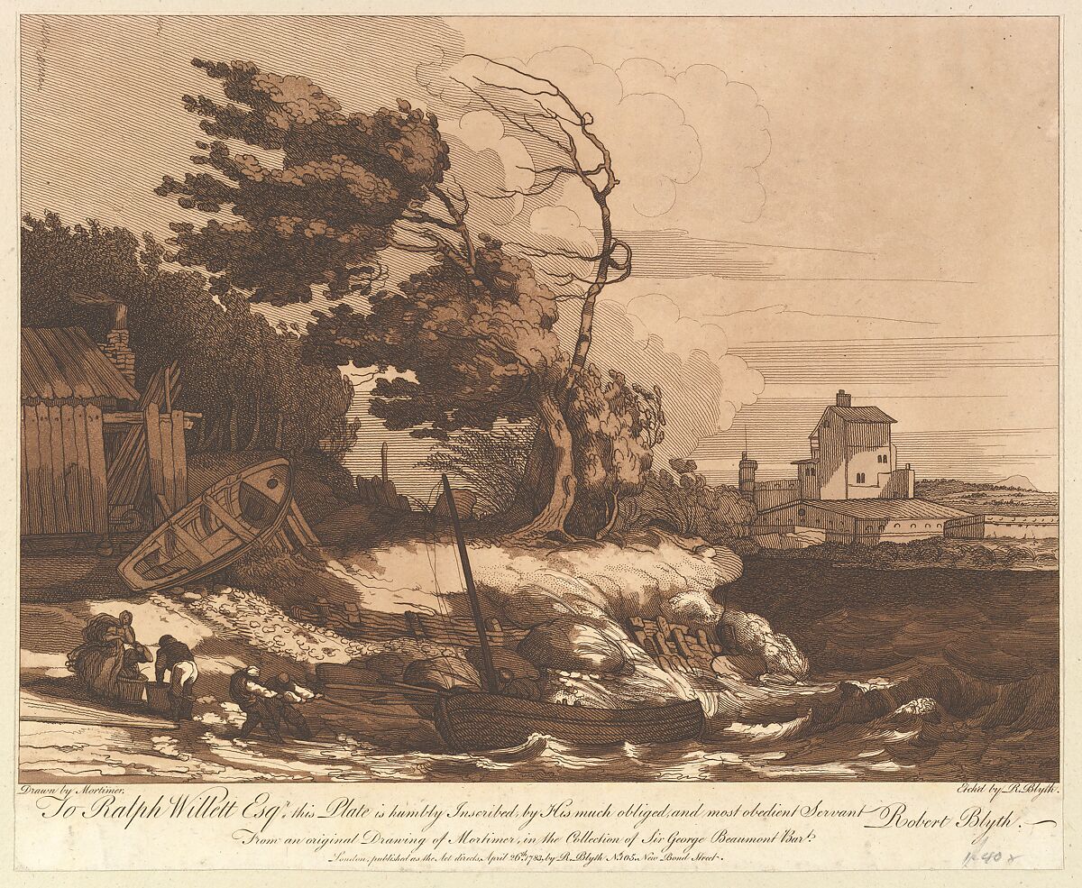 Beaching a Fishing Boat in a Gale, Etched and published by Robert Blyth (British, ca. 1750–1784), Etching and aquatint, printed with brown ink 