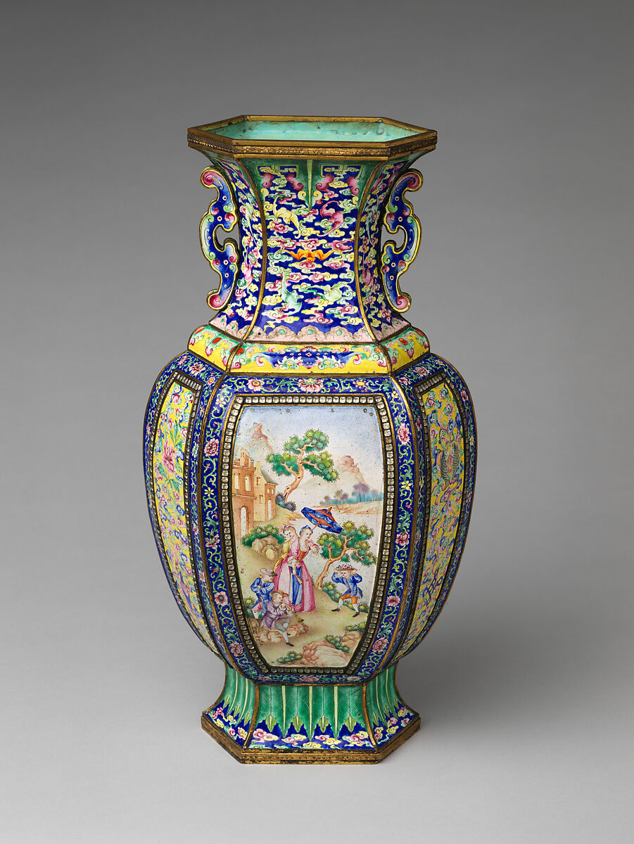 Vase with European women and children, Painted enamel on copper alloy, glass beads, China 