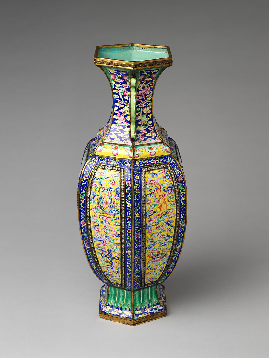 Vase with European women and children, Painted enamel on copper alloy, glass beads, China