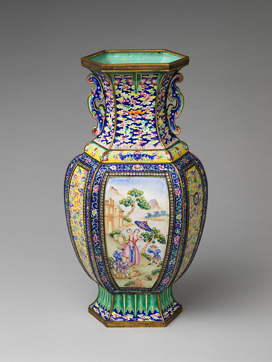 Vase with European women and children, Painted enamel on copper alloy, glass beads, China
