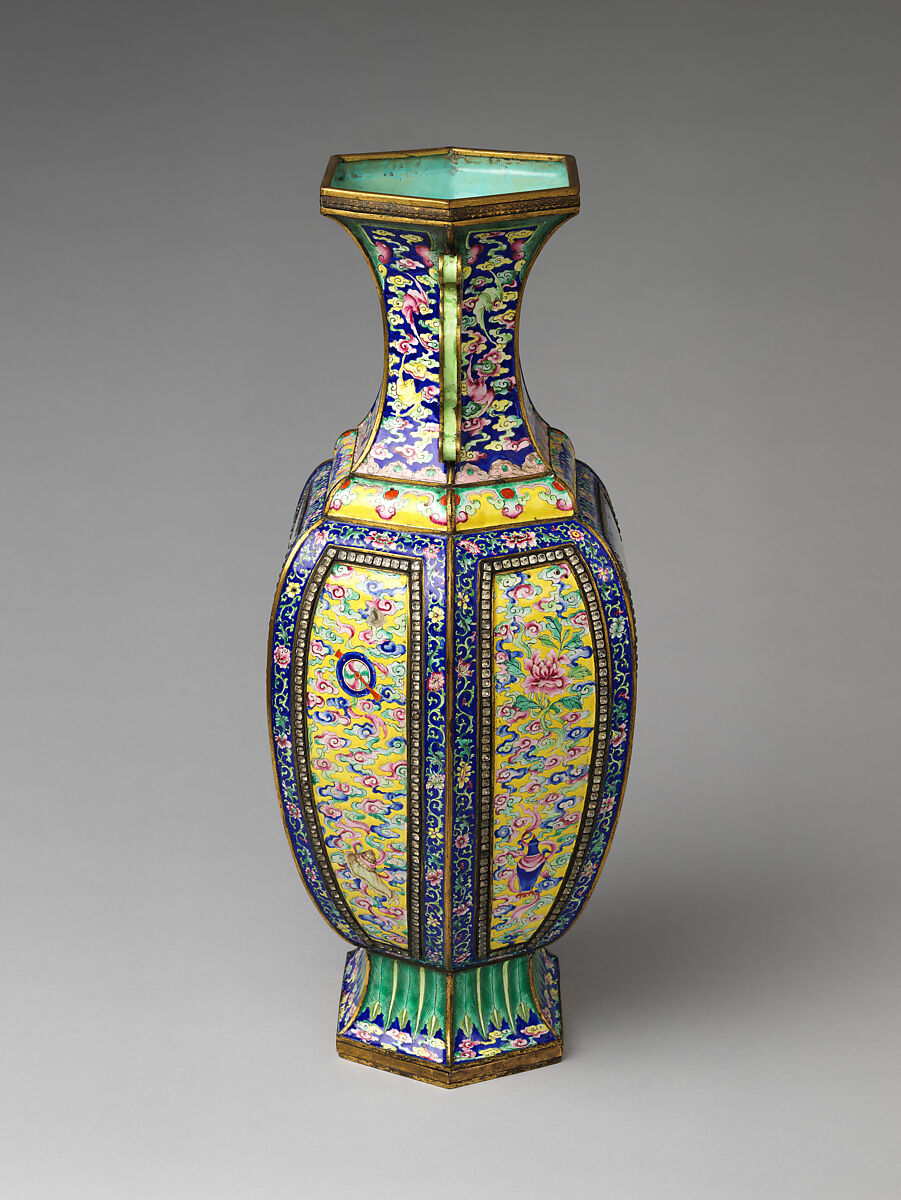 Vase with European women and children, Painted enamel on copper alloy, glass beads, China