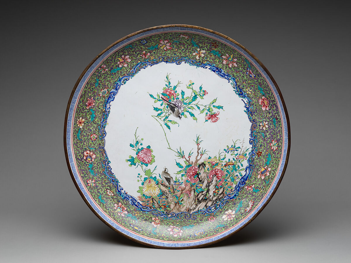 Plate with birds and flowers, Painted enamel on copper alloy, China