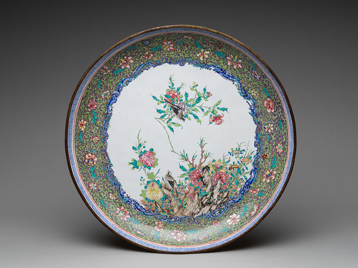 Plate with birds and flowers, Painted enamel on copper alloy, China 