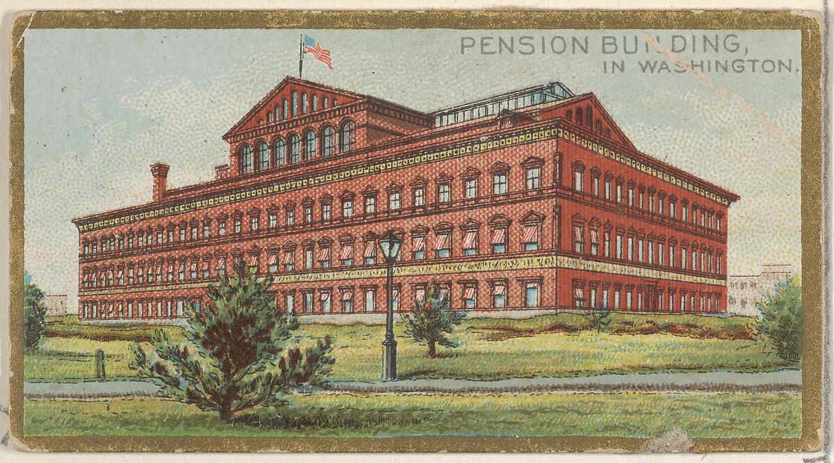 Pension Building in Washington, from the General Government and State Capitol Buildings series (N14) for Allen & Ginter Cigarettes Brands, Issued by Allen &amp; Ginter (American, Richmond, Virginia), Commercial color lithograph 
