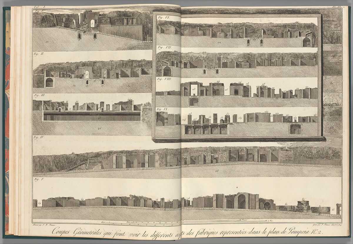 Cross-sections, which show the different aspects of the buildings shown in the plan of Pompeii [the preceding plate], from "Antiquités de Pompeïa, tome premier, Antiquités de la Grande Grèce..." (Antiquities of Pompeii, volume one, Antiquities of Great Greece...), volume 1, plate 3, Francesco Piranesi (Italian, Rome 1758–1810 Paris), Etching 