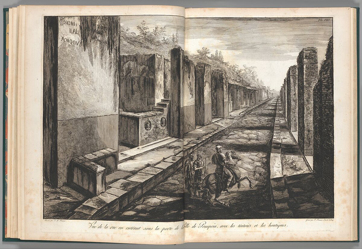 View from the street entering beneath the gateway to the city of Pompeii, with the foot paths and the shops, from "Antiquités de Pompeïa, tome premier, Antiquités de la Grande Grèce..." (Antiquities of Pompeii, volume one, Antiquities of Great Greece...), volume 1, plate 8, Francesco Piranesi (Italian, Rome 1758–1810 Paris), Etching 