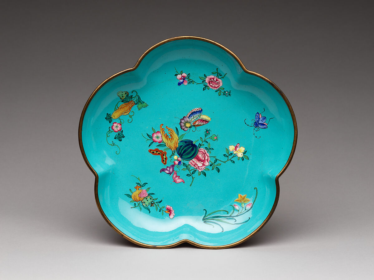 Lobed dish with flowers, fruits, and insects, Painted enamel on copper alloy, China 