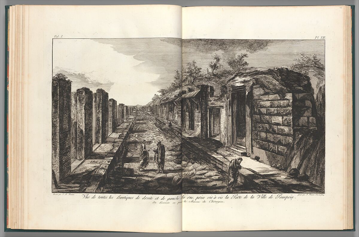 View opposite the entrance gate of all of the shops to the right and left of the street of the City of Pompeii, from "Antiquités de Pompeïa, tome premier, Antiquités de la Grande Grèce..." (Antiquities of Pompeii, volume one, Antiquities of Great Greece...), volume 1, plate 13, Francesco Piranesi (Italian, Rome 1758–1810 Paris), Etching 