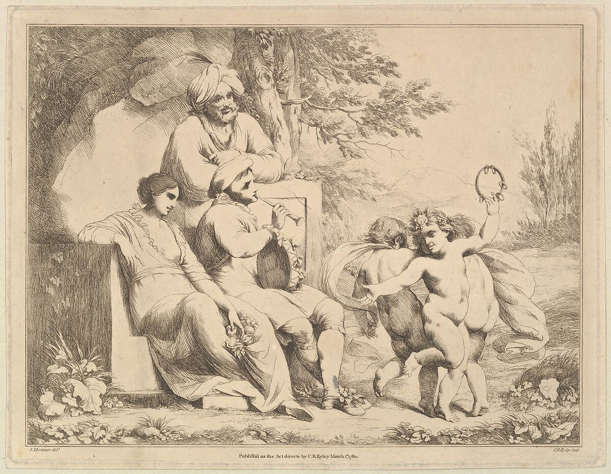 Three Putti Dancing to a Piper, Charles Reuben Ryley (British, London ca. 1752–1798 London), Etching 