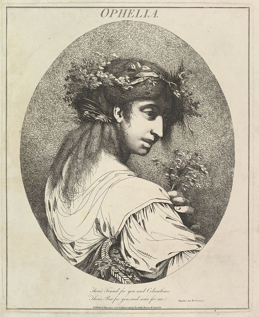 Ophelia (from "Twelve Characters from Shakespeare"), Etched and published by John Hamilton Mortimer (British, Eastbourne 1740–1779 London), Etching 